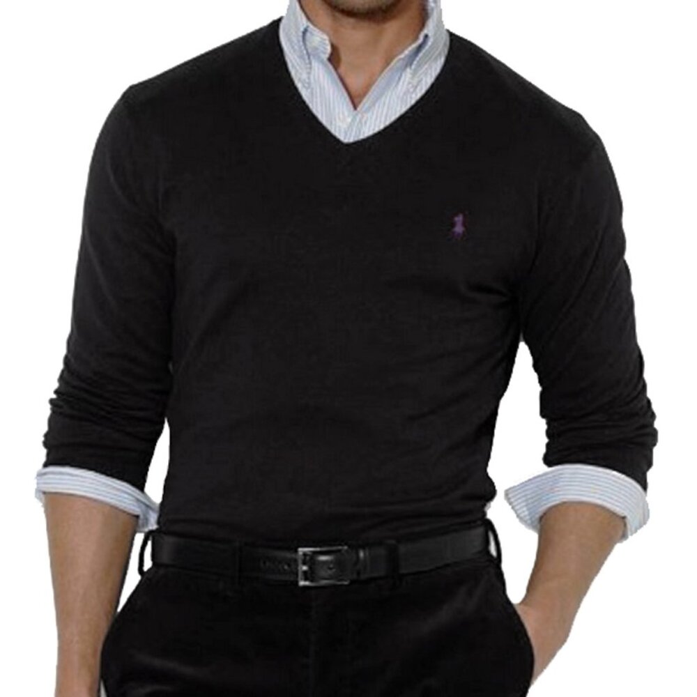 NEW Polo Ralph Lauren Pima Cotton Sweater! Black With Purple Polo Player V Neck